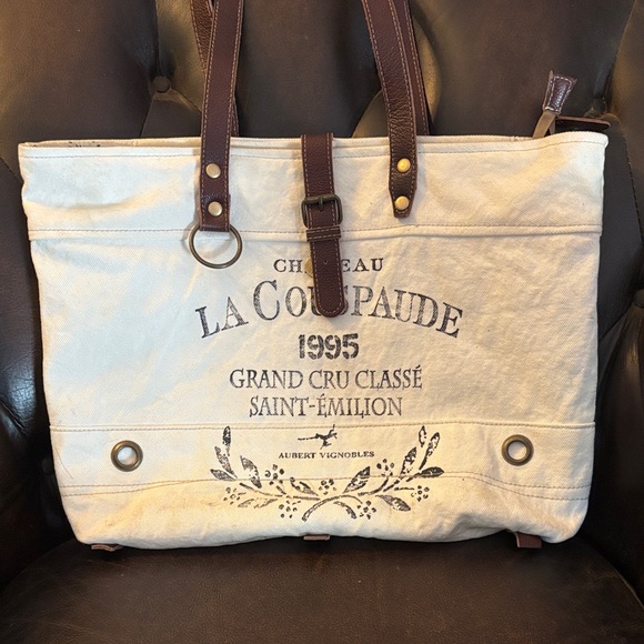 Myra Bag Handbags - MYRA Bag Chateau La Cospaude Canvas Tote Bag - Cream and Brown